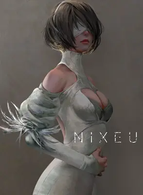 Fan art of 2B (YoRHa No.2 Type B) from NieR: Automata, depicted with a blindfold and a gothic-lolita style outfit.