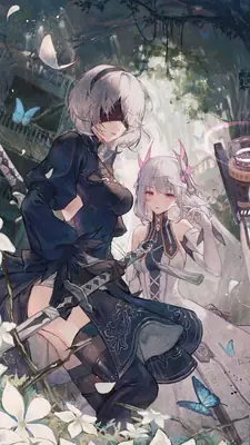 Digital illustration of 2B (YoRHa No.2 Type B) from NieR: Automata in a gothic-lolita outfit, standing amidst ruins with butterflies and flowers.