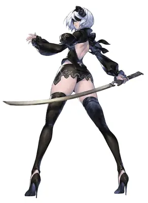 Fan art of 2B (YoRHa No.2 Type B) from NieR: Automata, depicted in a black dress with a blindfold and holding a sword.