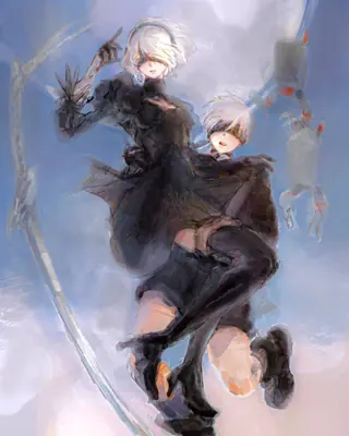 Digital illustration of 2B (YoRHa No.2 Type B) from NieR: Automata in a dynamic pose with another character, set against a soft blue background.