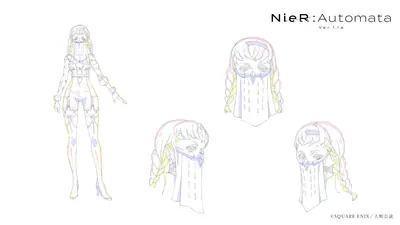 Line art of 2B (YoRHa No.2 Type B) from NieR: Automata, showing full-body and head designs with braided hair and blindfold.