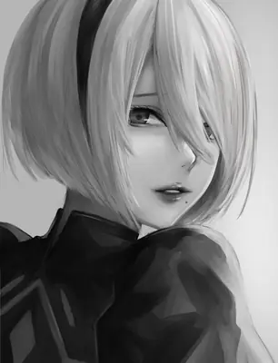 A black-and-white digital illustration of 2B (YoRHa No.2 Type B) from NieR: Automata, featuring her short white hair and blindfold.