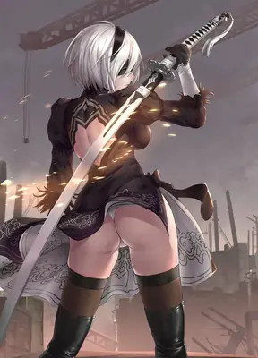 Fan art of 2B (YoRHa No.2 Type B) from NieR: Automata holding a sword in a post-apocalyptic industrial setting.