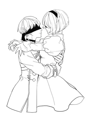 Line art of 2B (YoRHa No.2 Type B) and 9S embracing in a tender moment from NieR: Automata.