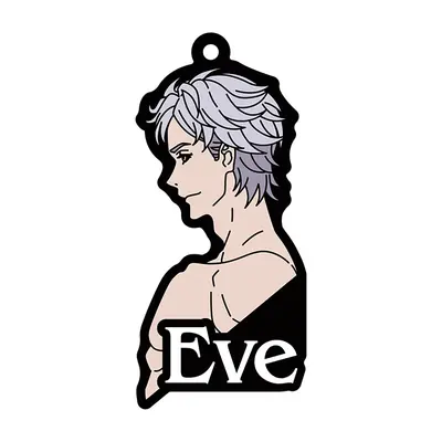 A keychain featuring a profile illustration of 2B from NieR: Automata, showing her silver hair and black outfit with the name 'Eve' printed below.