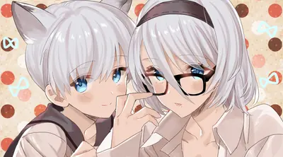 Digital illustration of 2B (YoRHa No.2 Type B) and 9S from NieR: Automata with cat ears and glasses, sharing a playful moment.