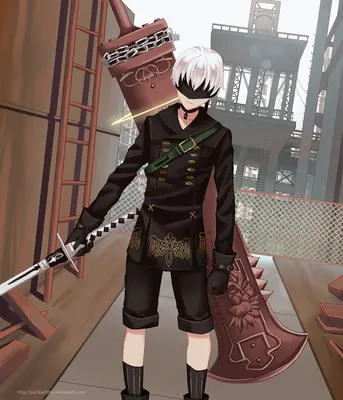 Fan art of 2B (YoRHa No.2 Type B) from NieR: Automata wearing a black gothic-lolita outfit with a blindfold, standing in a post-apocalyptic industrial setting.