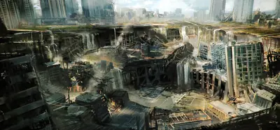 A digital illustration of a post-apocalyptic cityscape from NieR: Automata, featuring collapsed buildings and overgrown ruins.