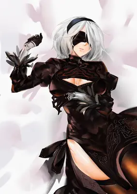 Fan art of 2B (YoRHa No.2 Type B) from NieR: Automata, depicted in a black gothic-lolita dress with a blindfold and white hair.