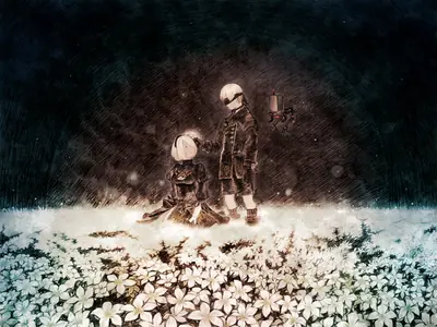 Fan art of 2B and 9S from NieR: Automata standing in a field of white flowers under a dark, rainy sky.