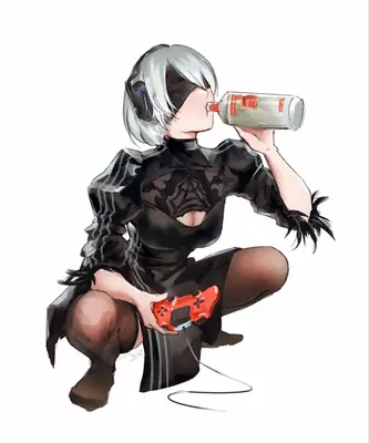 2B (YoRHa No.2 Type B) from NieR: Automata drinking from a bottle while holding a red game controller.