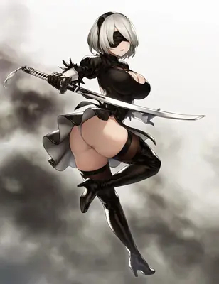 2B (YoRHa No.2 Type B) from NieR: Automata in a dynamic combat pose with a sword, wearing a black gothic-lolita outfit and blindfold.