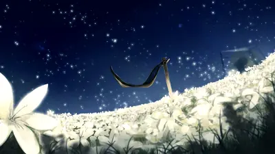 A digital illustration of 2B from NieR: Automata standing amidst a field of white flowers under a starry night sky.