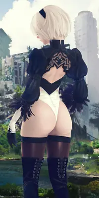 Fan art of 2B (YoRHa No.2 Type B) from NieR: Automata, depicted from behind in a gothic-lolita style outfit with a blindfold and combat boots, standing in a post-apocalyptic landscape.