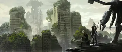2B (YoRHa No.2 Type B) stands in a post-apocalyptic cityscape from NieR: Automata, surrounded by overgrown ruins and towering robotic structures.