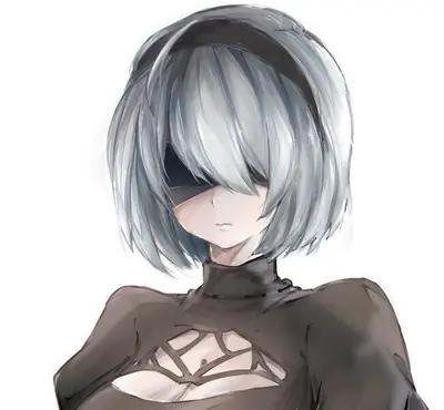 Fan art of 2B (YoRHa No.2 Type B) from NieR: Automata, depicted with silver hair and a black blindfold against a plain white background.