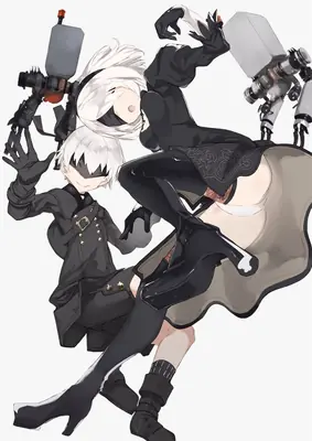 Fan art of 2B and 9S from NieR: Automata, featuring the characters in dynamic poses with their signature weapons and YoRHa outfits.