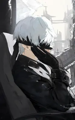 Digital illustration of 2B from NieR: Automata, a white-haired android with a blindfold, standing in a desolate industrial environment.