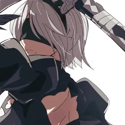Fan art of 2B (YoRHa No.2 Type B) from NieR: Automata wearing a gothic-lolita style outfit with a blindfold and sword.