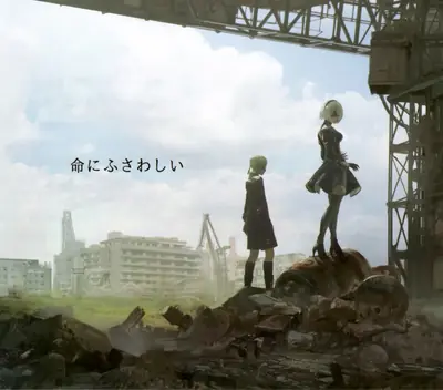 Fan art of 2B (YoRHa No.2 Type B) from NieR: Automata standing on rubble in a post-apocalyptic urban landscape.