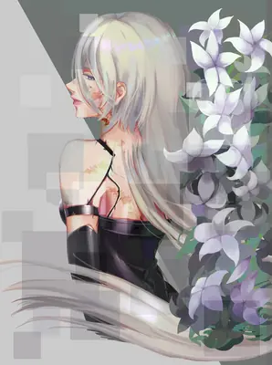 Digital illustration of 2B (YoRHa No.2 Type B) from NieR: Automata, depicted in a gothic-lolita style with long white hair and a black dress, standing beside purple flowers.