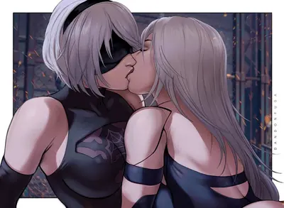 Fan art of 2B (YoRHa No.2 Type B) kissing A2 from NieR: Automata, featuring two female androids in a romantic embrace.