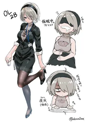 Fan art of 2B (YoRHa No.2 Type B) from NieR: Automata depicted in a gothic-lolita style outfit with a blindfold and high heels.