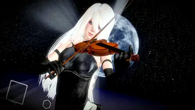 2B (YoRHa No.2 Type B) from NieR: Automata playing a violin against a starry night with a full moon.