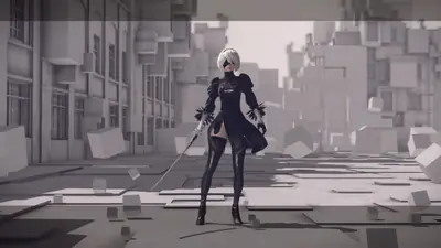 2B (YoRHa No.2 Type B) stands in a desolate, geometric cityscape from NieR: Automata.