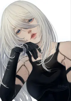Digital illustration of 2B (YoRHa No.2 Type B) from NieR: Automata, featuring white hair and a black dress with gloves.