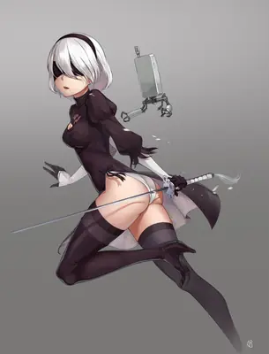 2B (YoRHa No.2 Type B) from NieR: Automata depicted in a dynamic combat stance with sword and floating device against a neutral gray background.