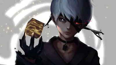 Digital illustration of 2B (YoRHa No.2 Type B) from NieR: Automata holding a glowing cube with a blindfold and red eye accent.