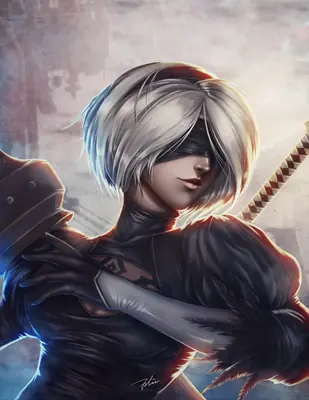 Digital illustration of 2B (YoRHa No.2 Type B) from NieR: Automata wearing a black dress and blindfold, holding a sword in a dramatic pose.