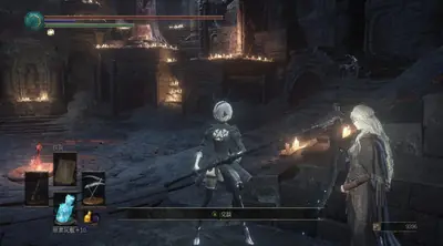 Fan art of 2B (YoRHa No.2 Type B) from NieR: Automata standing in a gothic cathedral with candles and stone architecture.