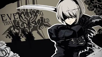 Fan art of 2B (YoRHa No.2 Type B) from NieR: Automata wearing a gothic-lolita outfit with a blindfold and sword.