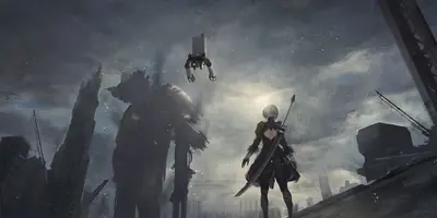 2B (YoRHa No.2 Type B) stands in a post-apocalyptic landscape from NieR: Automata, facing a towering machine amidst ruined skyscrapers.