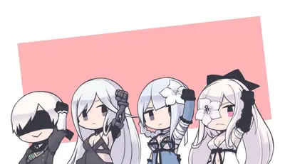 Chibi-style fan art of 2B and other YoRHa sisters from NieR: Automata, depicted with white hair and blindfolds against a pink background.