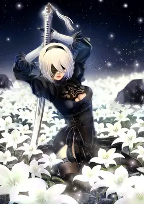 2B (YoRHa No.2 Type B) from NieR: Automata stands in a field of white lilies under a starry night sky, holding her sword.