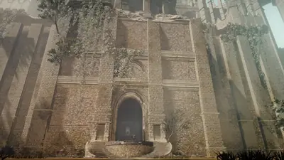 A digital illustration of 2B from NieR: Automata standing before a crumbling stone archway in a post-apocalyptic ruin.
