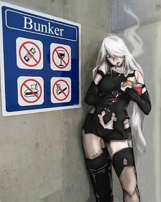 Fan art of 2B (YoRHa No.2 Type B) from NieR: Automata standing in a bunker with a sign, holding food and drink.
