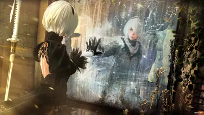 Fan art of 2B (YoRHa No.2 Type B) from NieR: Automata, depicted in a gothic-lolita style with a blindfold and black dress, standing before a shattered mirror in a post-apocalyptic setting.