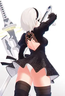 Fan art of 2B (YoRHa No.2 Type B) from NieR: Automata shown in a dynamic combat pose with her sword.