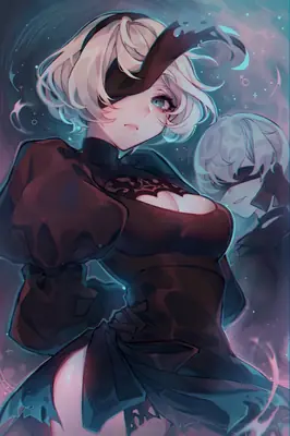 Fan art of 2B (YoRHa No.2 Type B) from NieR: Automata wearing a gothic-lolita style black dress with a blindfold, set against a cosmic background.
