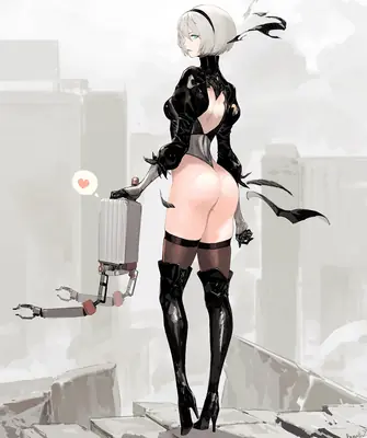 Fan art of 2B (YoRHa No.2 Type B) from NieR: Automata, depicted in a black dress with a blindfold and high heels, standing on a ruined cityscape.