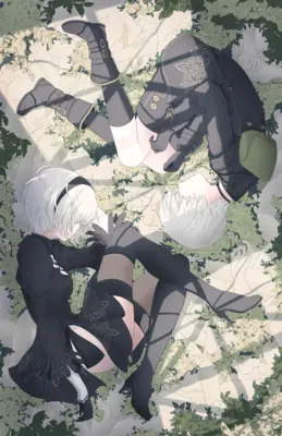 Fan art of 2B (YoRHa No.2 Type B) from NieR: Automata lying on a stone floor surrounded by greenery.