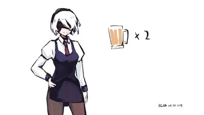 2B (YoRHa No.2 Type B) from NieR: Automata depicted in a bar-themed outfit with a blindfold and apron, standing beside two illustrated mugs.