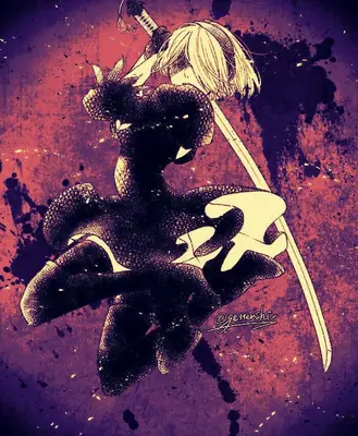 Fan art of 2B (YoRHa No.2 Type B) from NieR: Automata, depicted in a dramatic combat pose with a sword and dark gothic-lolita outfit.