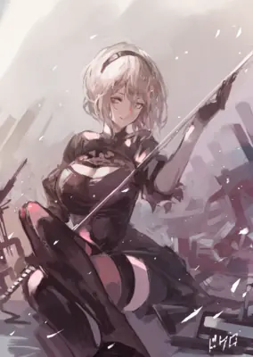 Fan art of 2B (YoRHa No.2 Type B) from NieR: Automata, depicted in a gothic-lolita style with a blindfold and sword amidst post-apocalyptic ruins.