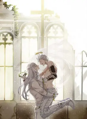 Fan art of 2B (YoRHa No.2 Type B) and 9S from NieR: Automata embracing inside a sunlit church with a cross in the background.