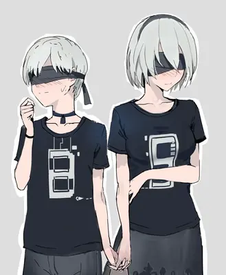 Fan art of 2B and 9S from NieR: Automata wearing black t-shirts with a YoRHa logo, standing side by side.